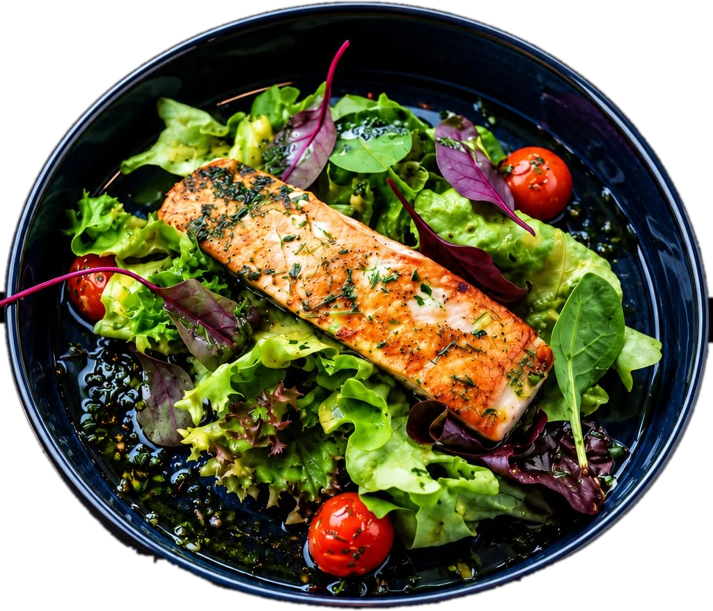 Gebratenes Fischfilet auf frischem Salat, originales Speisenfoto
