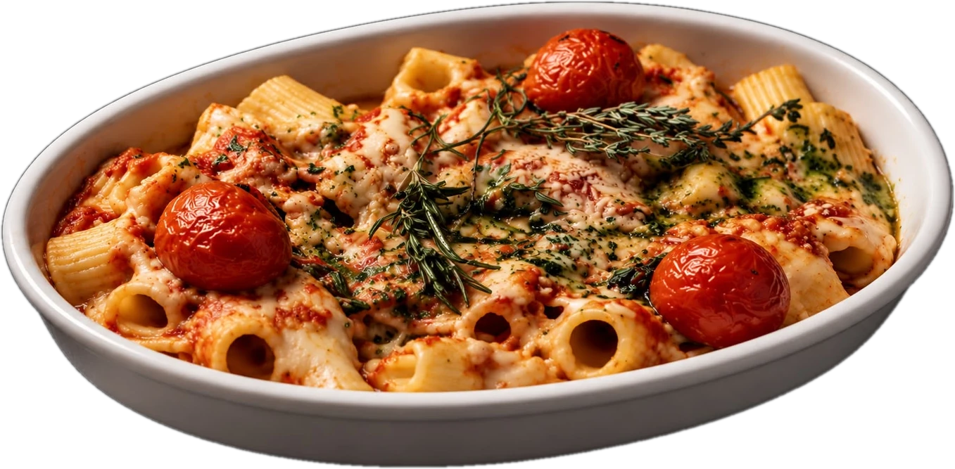 Überbackene Rigatoni mit Tomaten und Kräutern, originales Speisenfoto